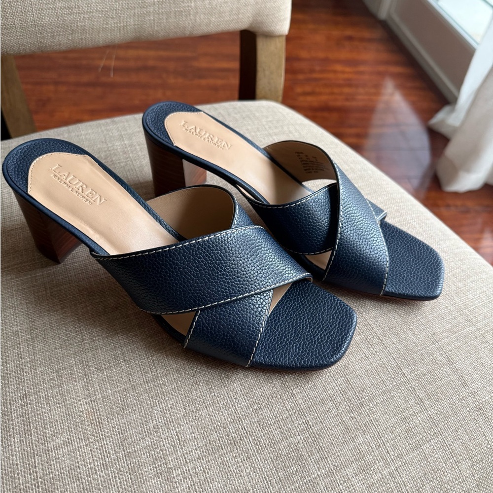 Ralph Lauren Navy Leather Crisscross Block Heel Mules